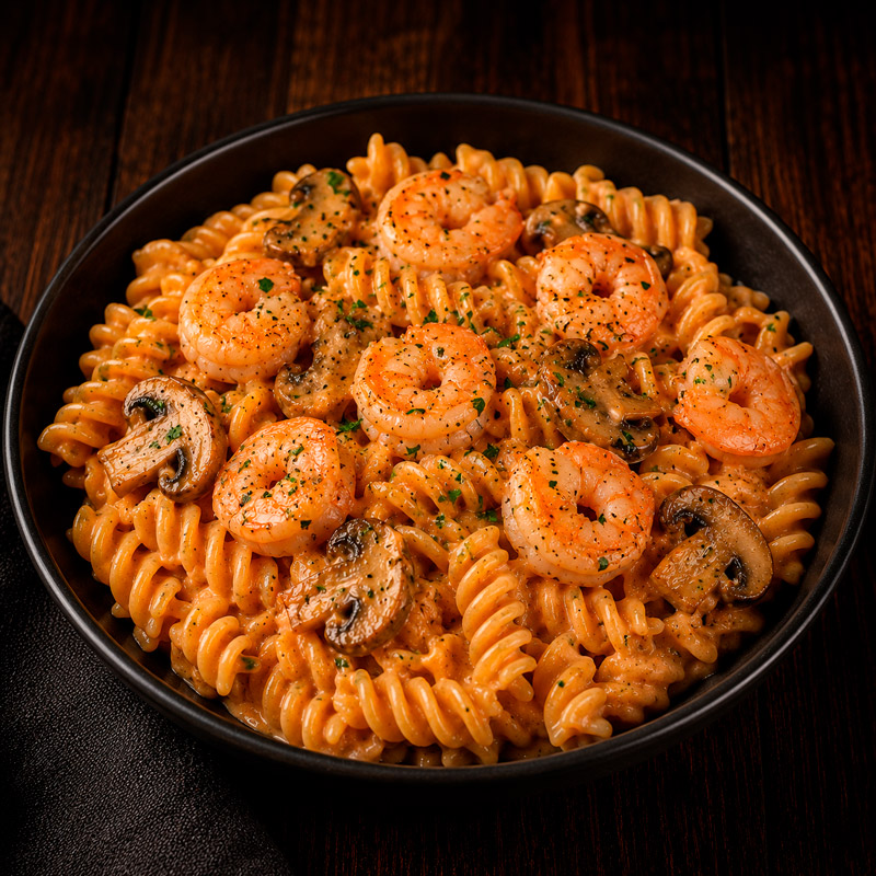 Menu Doble Malta Pasta spirale con camarones y champiñones Menu Doble Malta Pasta spirale con camarones y champiñones
