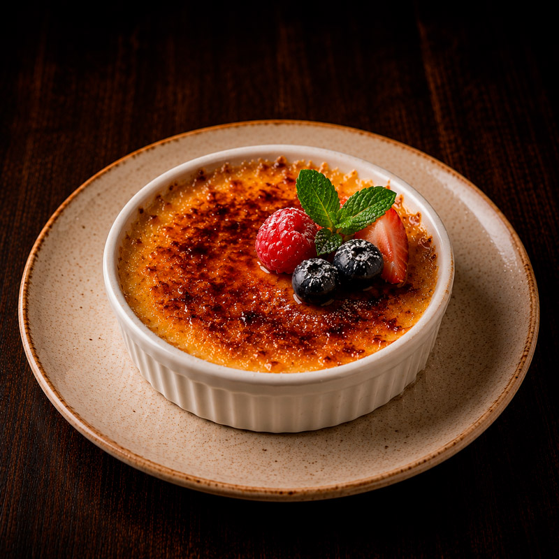 Menu Doble Malta, Crème Brulèe con receta de la casa Menu Doble Malta, Crème Brulèe con receta de la casa